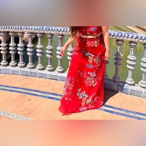 Lulus- Bloom With a View Red Floral Print Two-Piece Maxi Dress